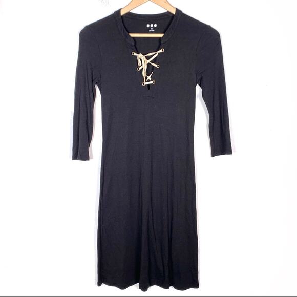 Three Dots Black long sleeved knee length laced V neck casual dress size XS - Picture 1 of 6